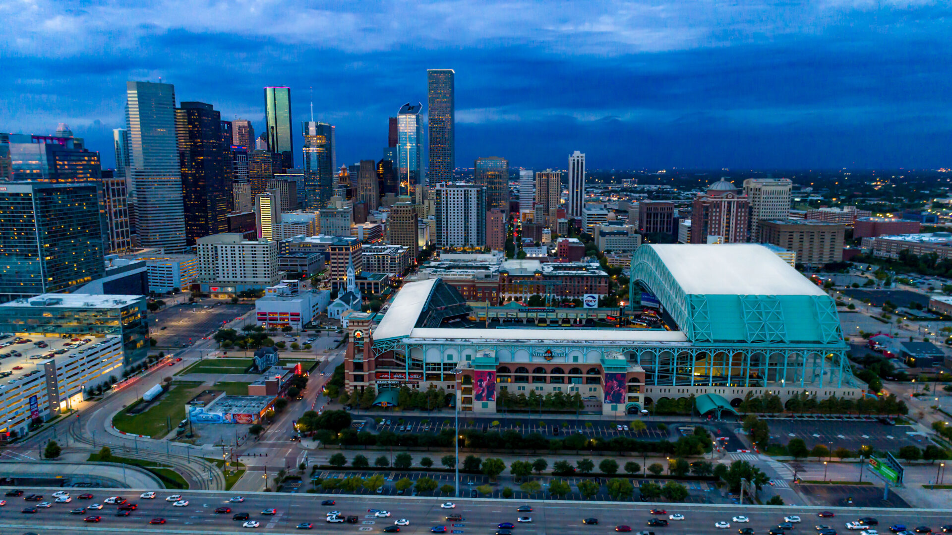 Aerial View of Minute Maid Park and Houston Skyline